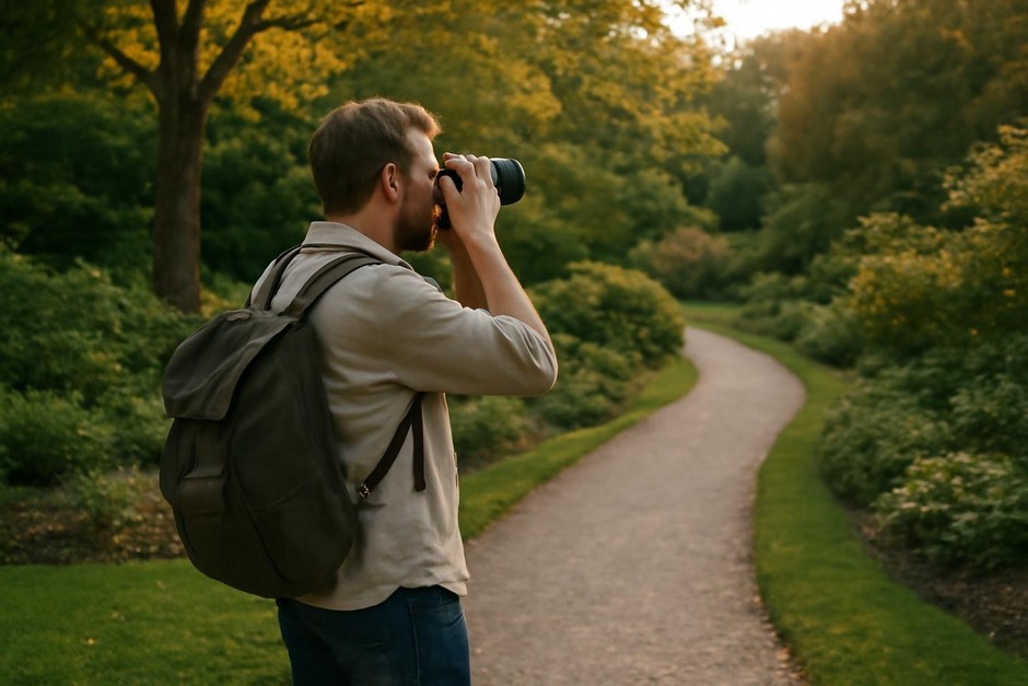 Photographer pausing on a winding garden path with camera raised toward late afternoon light