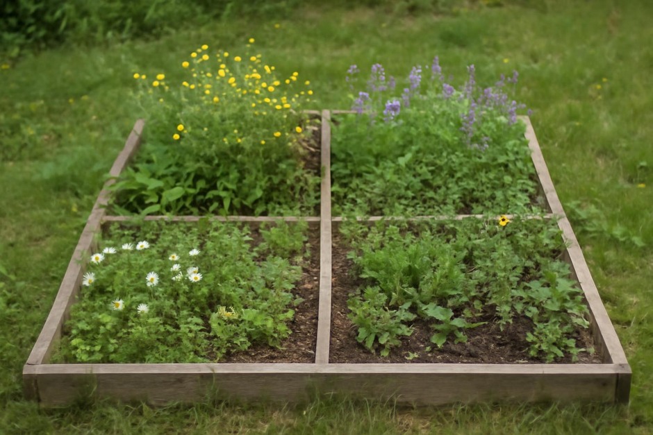 Four small quadrants in a backyard wildflower patch