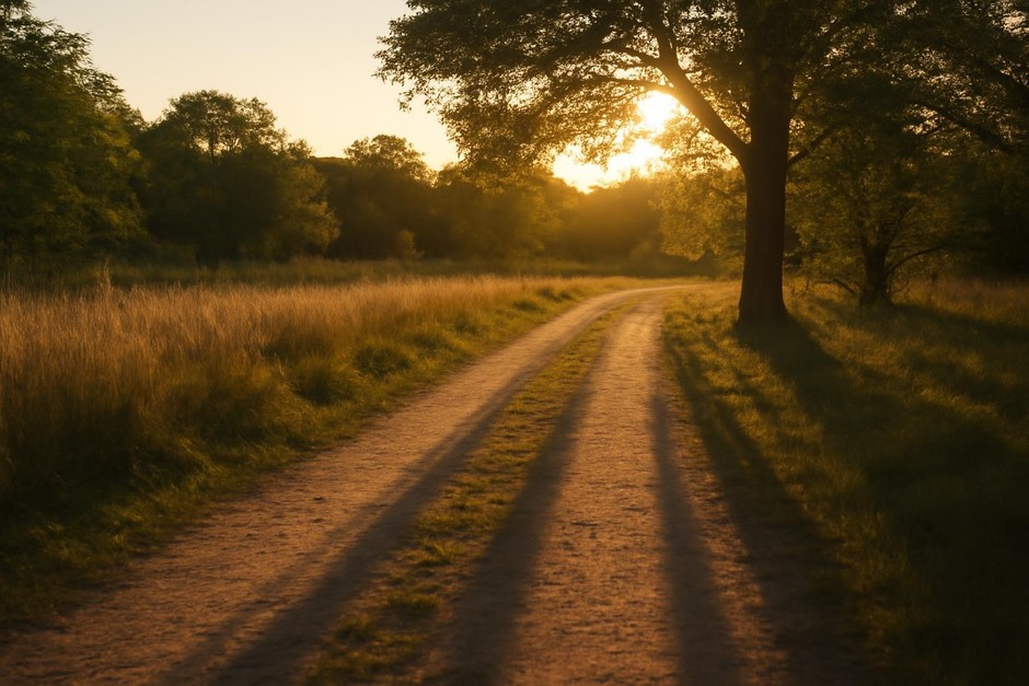 Sunlit path with long shadows at golden hour