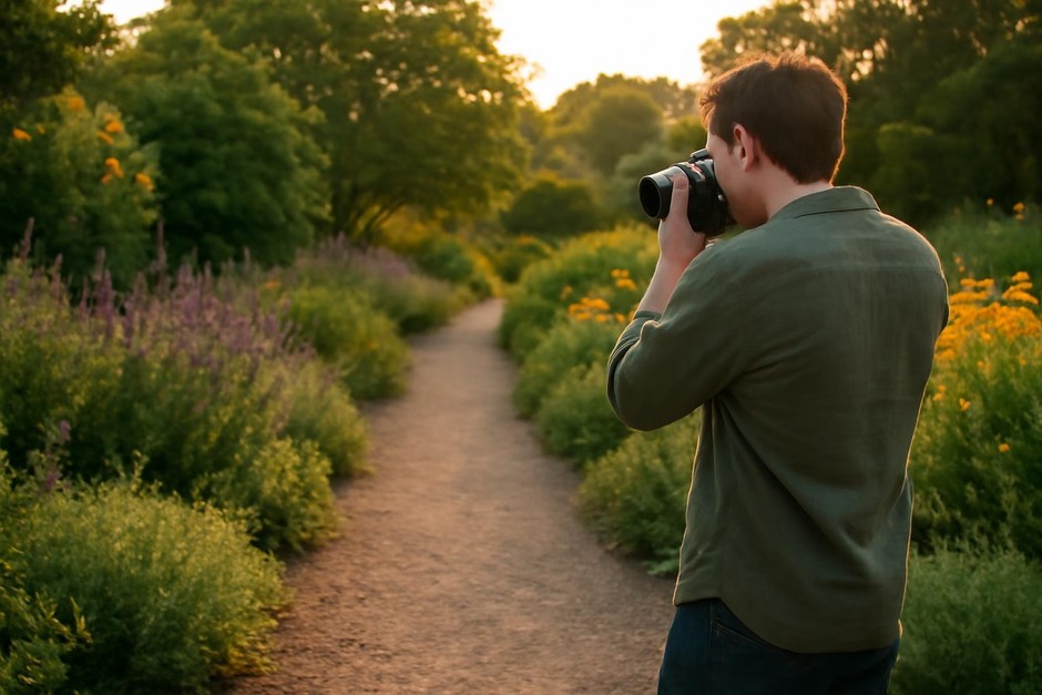 Photographer framing a garden path at golden hour