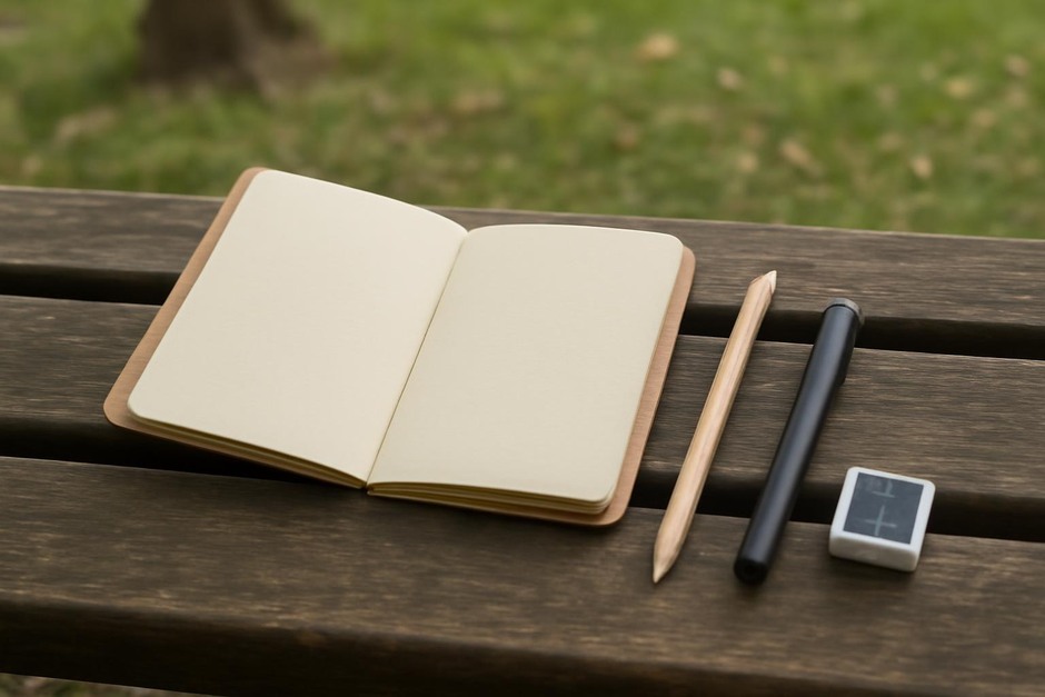 An open pocket field notebook with a pencil, pen, and a small watercolor pan on a wooden bench in a park