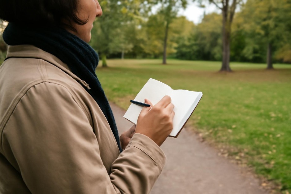 Person taking notes on a small notebook during a short walk in a park